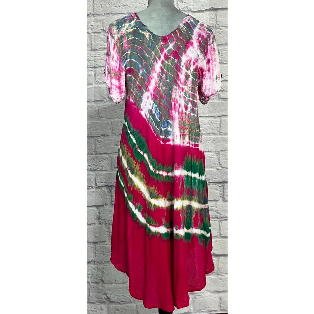 India Boutique Vibrant Boho Tie Dye Bollywood Style Crinkly Gauze Midi Dress - Picture 3 of 7